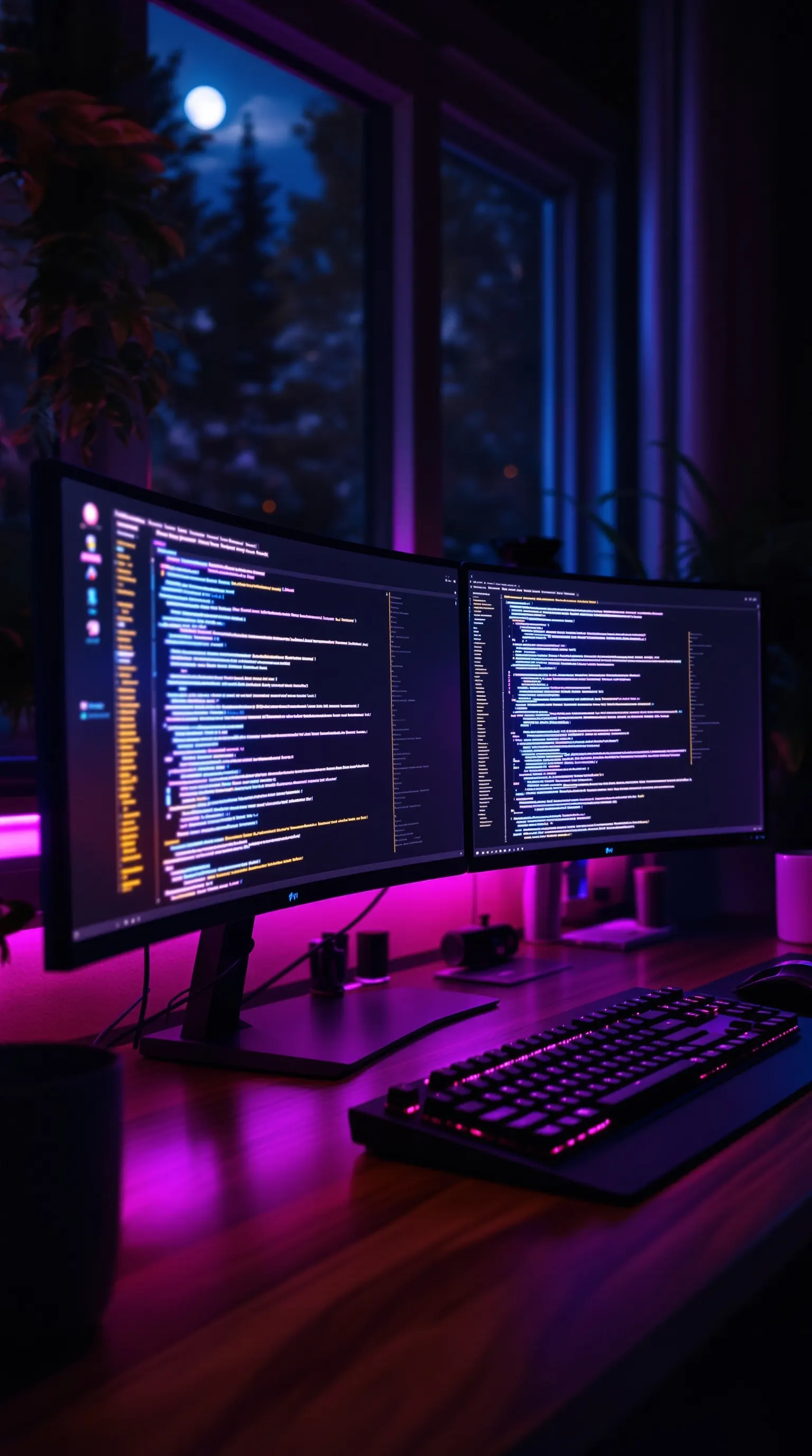 Dim home office at night — dual ultrawide monitors with code, cyan-violet ambient glow, where Obsidian Intelligence is built