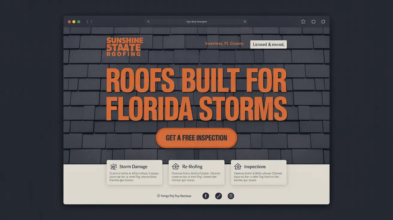 Sunshine State Roofing website — bold orange and slate-navy hero with Florida storm headline and Free Inspection CTA